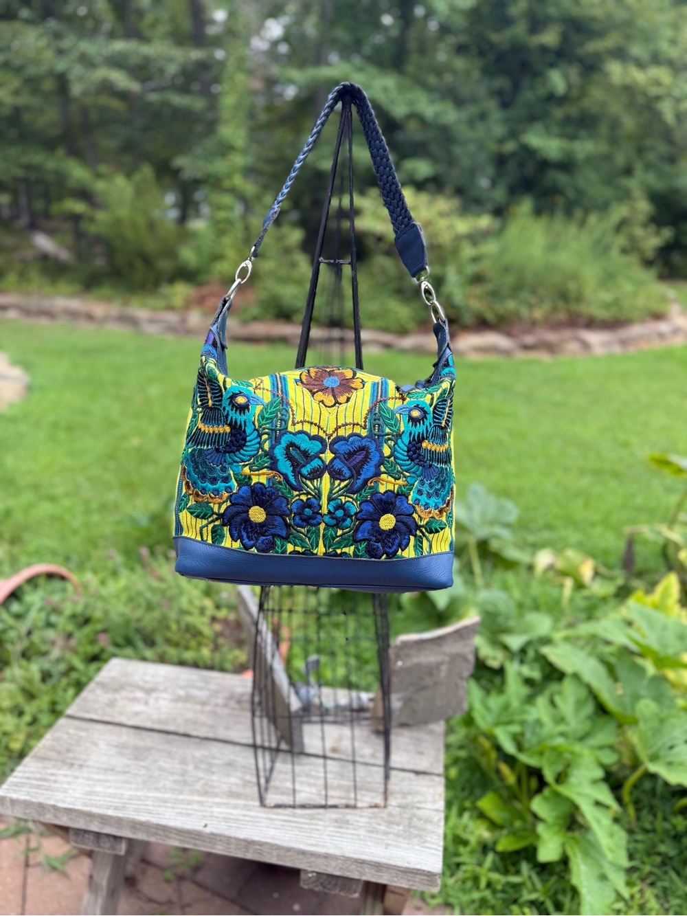 Embroidered Floral Shoulder Bag - Blue & Yellow